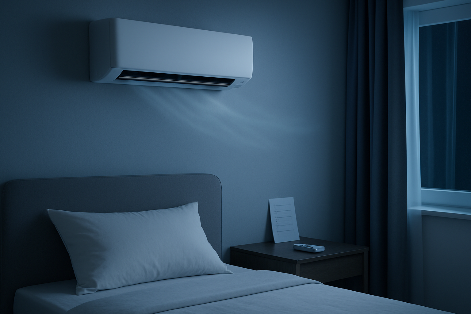 Υπνοδωμάτιο τη νύχτα με air condition και τηλεχειριστήριο για ρυθμίσεις κατανάλωσης