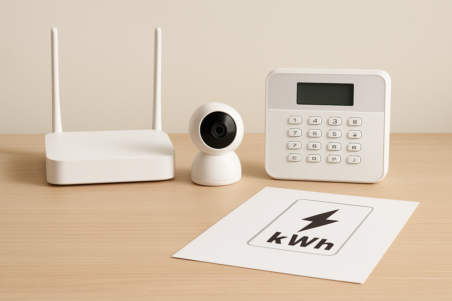Router, κάμερα ασφαλείας, πληκτρολόγιο συναγερμού και λογαριασμός ρεύματος σε καθαρή σύνθεση για 24ωρη κατανάλωση.