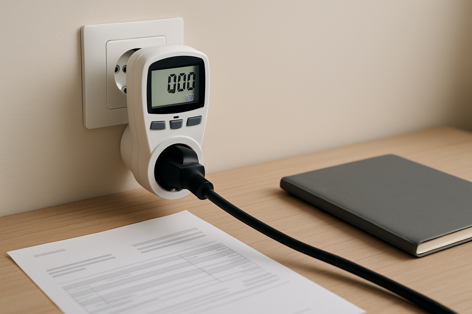 Μετρητής πρίζας kWh συνδεδεμένος σε πρίζα δίπλα σε λογαριασμό ρεύματος και σημειώσεις κατανάλωσης