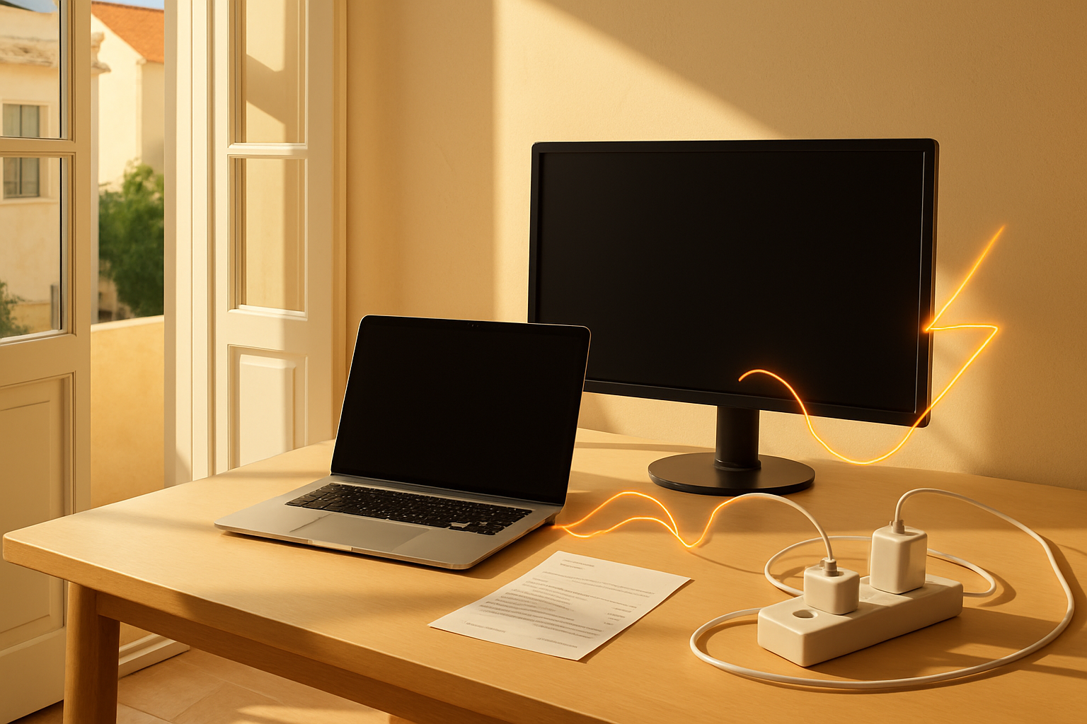 Καλοκαιρινό home office με laptop, οθόνη, φορτιστές και πολύμπριζο για εκτίμηση κατανάλωσης ρεύματος