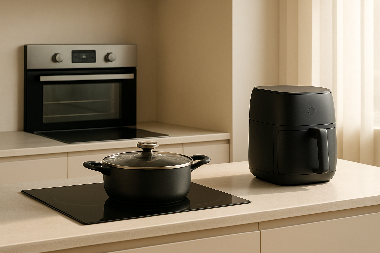 Σύγκριση φούρνου, εστιών και air fryer σε μοντέρνα κουζίνα για καθημερινό μαγείρεμα